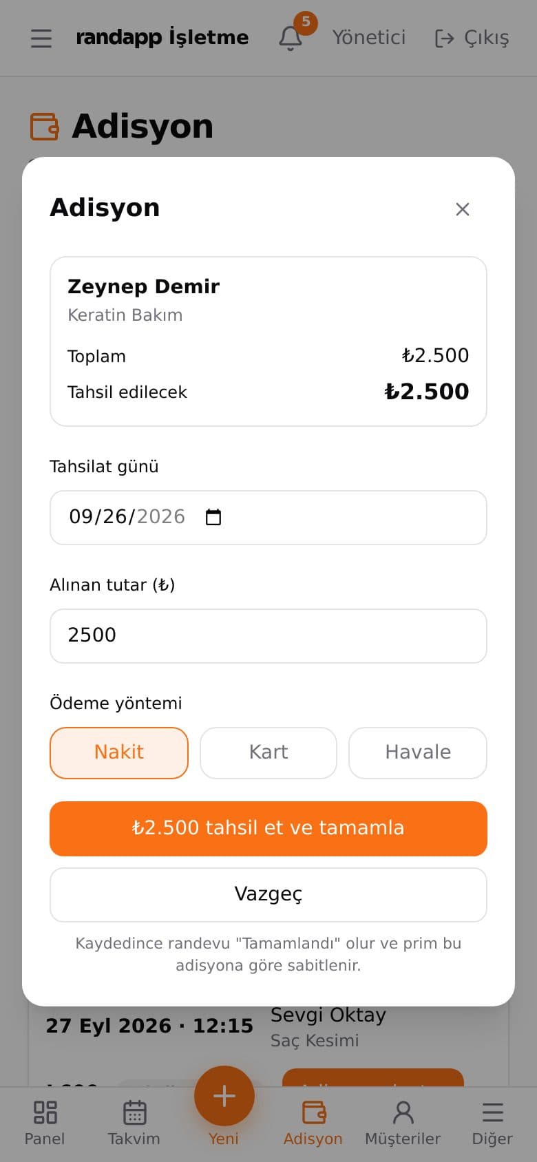 Tahsilat ekranı