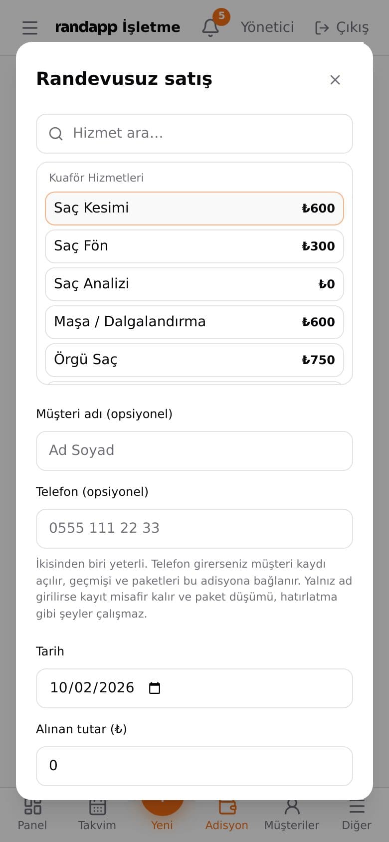 Randevusuz satış ekranı