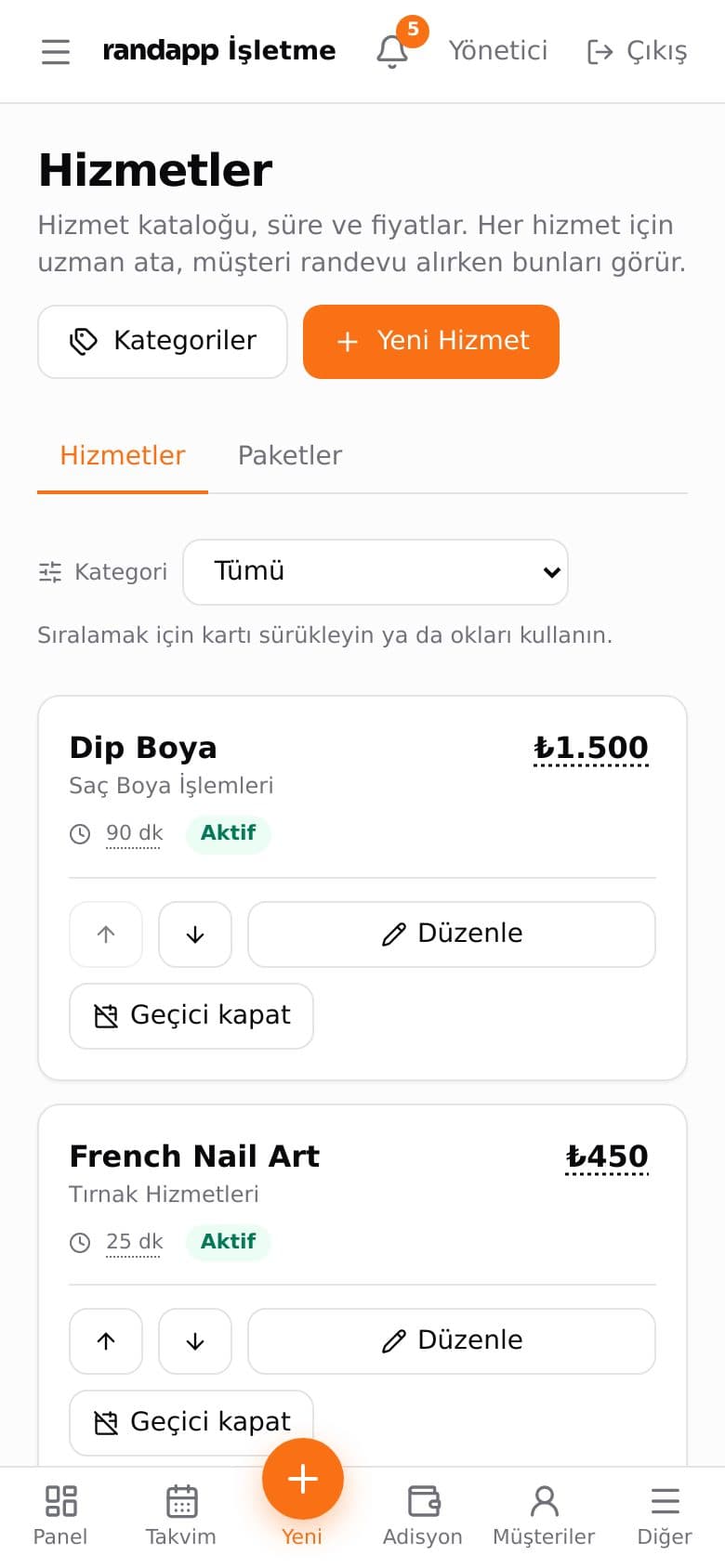 Hizmet listesi