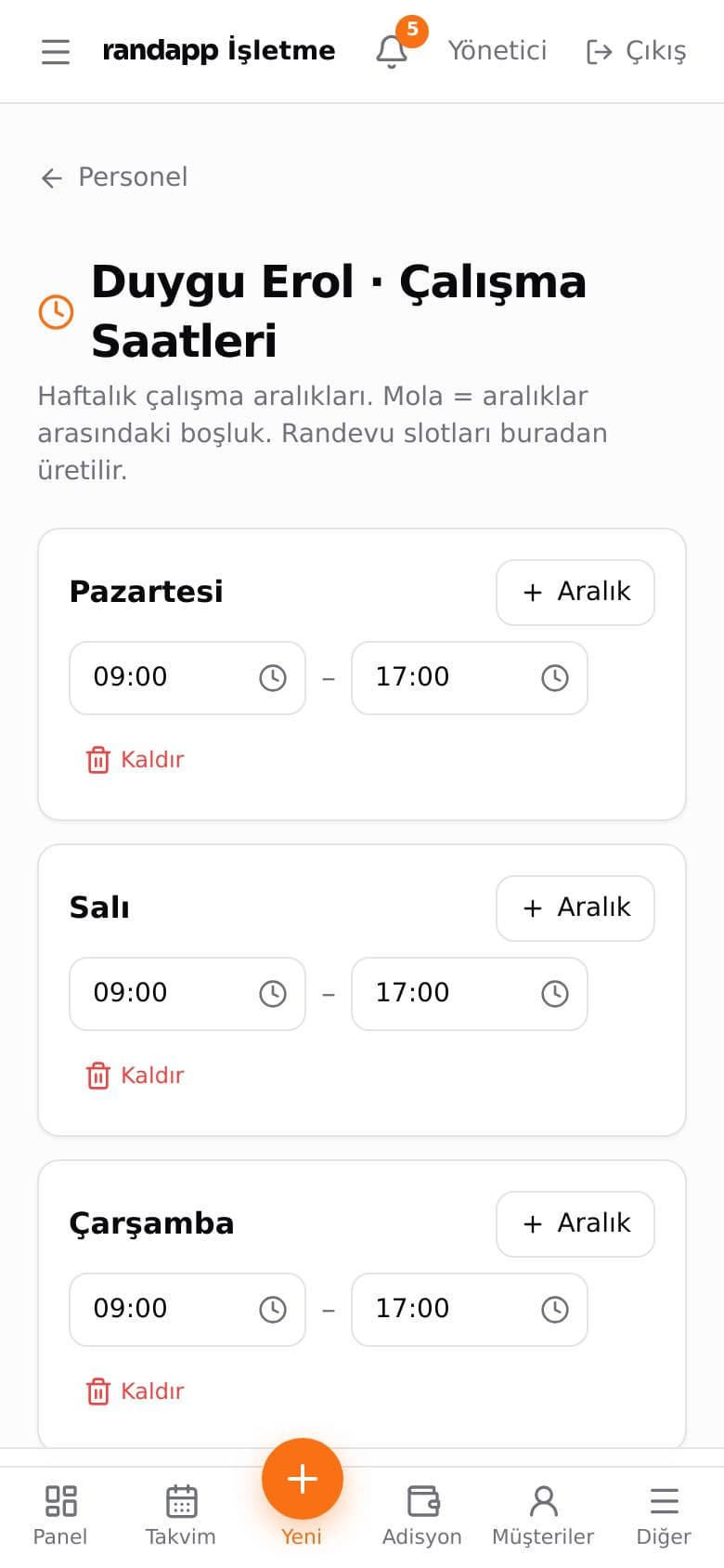 Personel çalışma saatleri