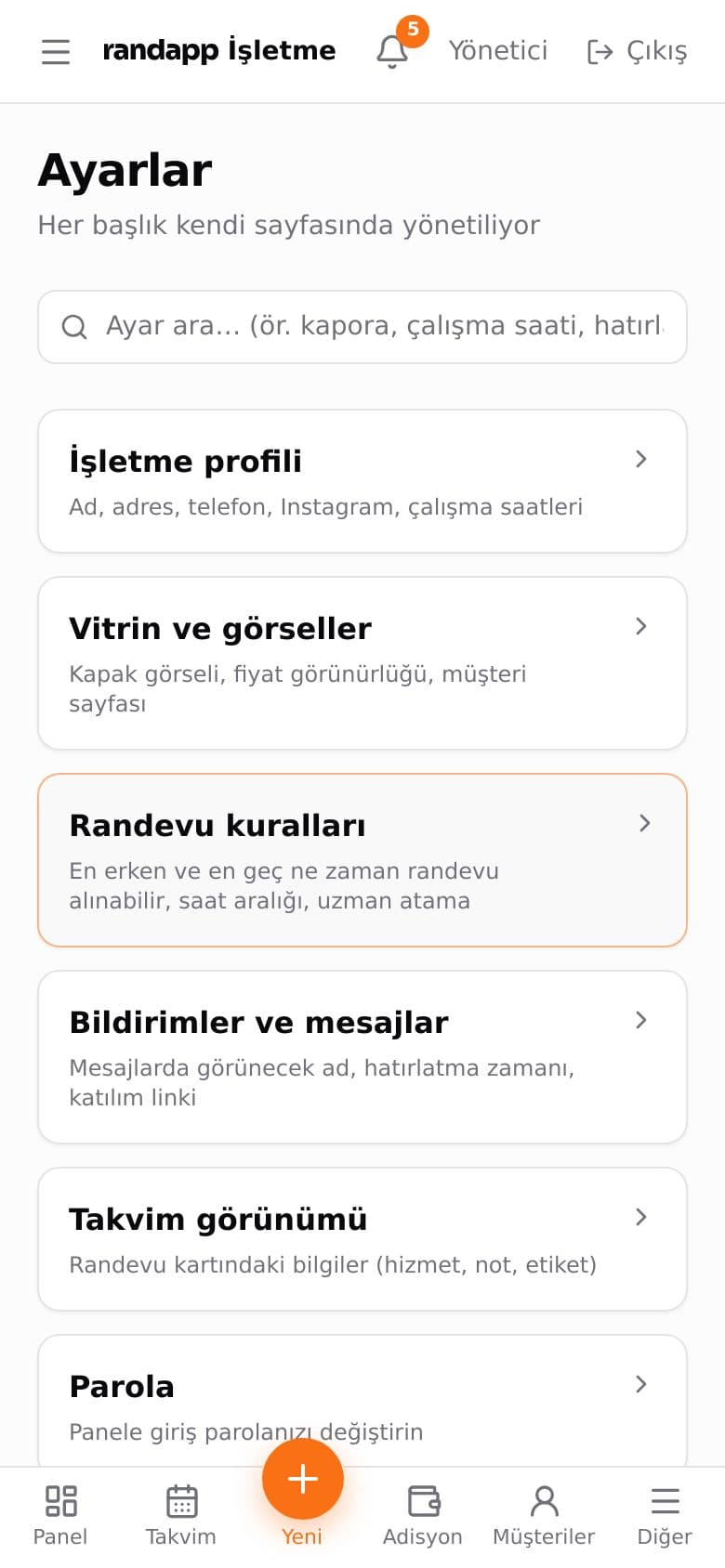 Ayarlar ana ekranı