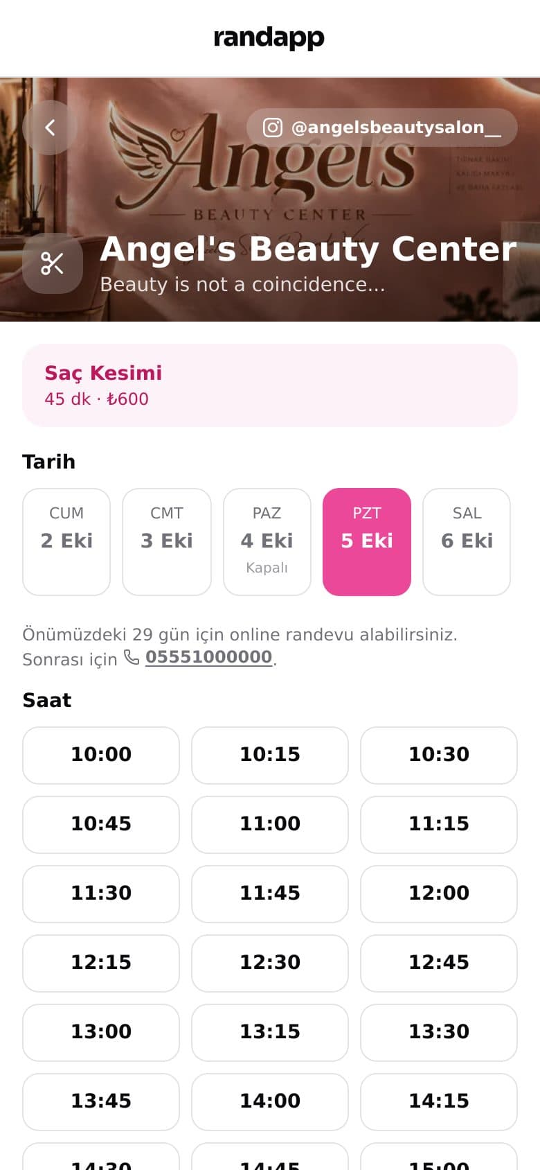 Müşterinin saat seçtiği ekran