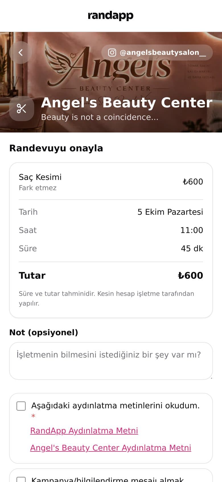 Randevu onay ekranı